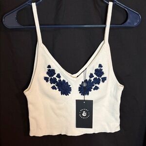 Elegant Cream Crop Top with Navy Embroidery